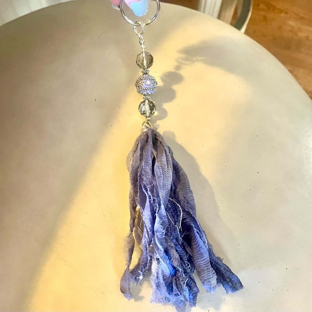 Beaded Keychain in Purple with Tassel; Handmade